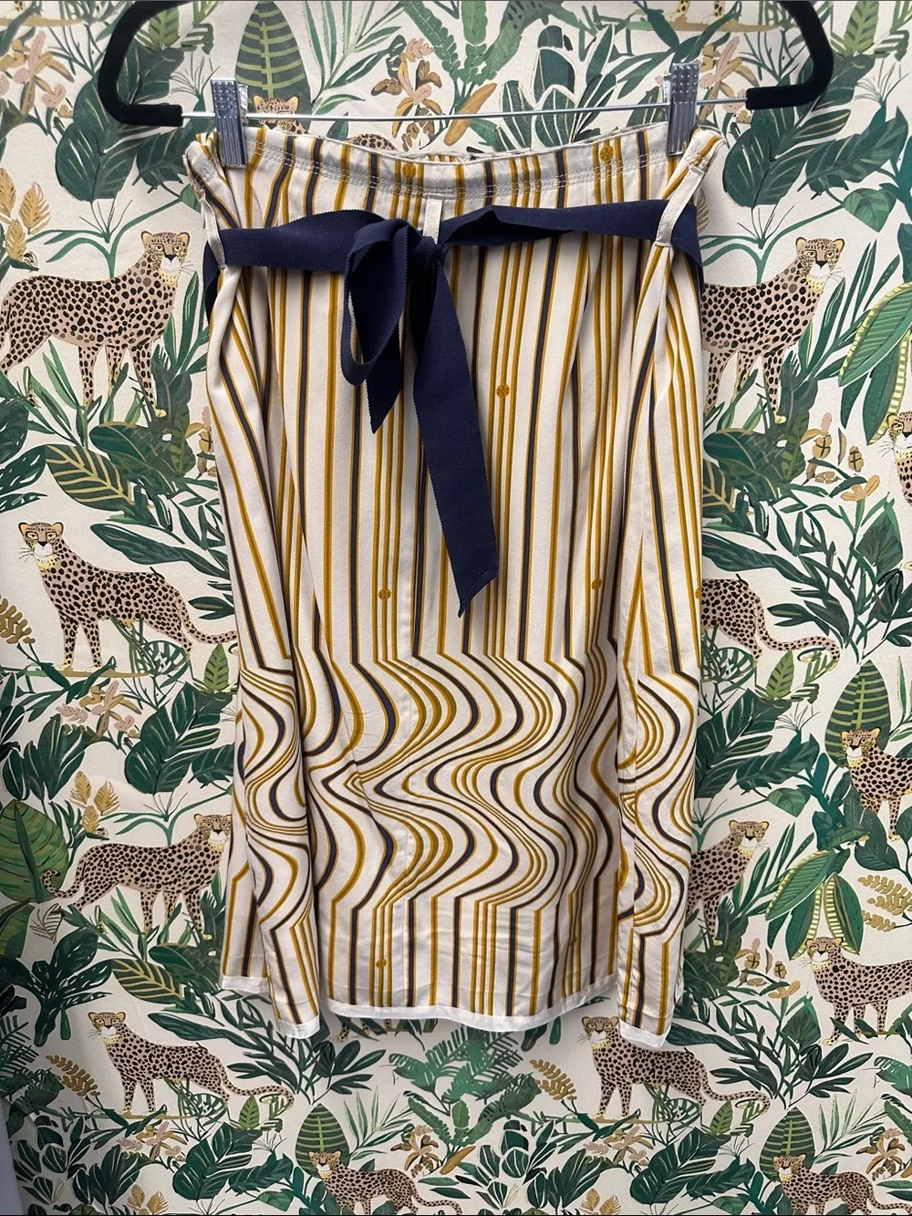 Tory Burch Striped Midi Skirt with Navy Tie Waist